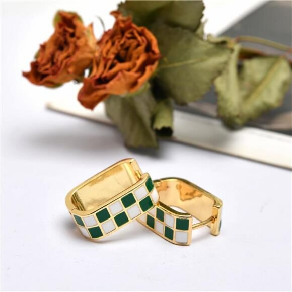 Gold Filled Checkered Hoop Earrings Black White Enamel Oval Chunky Small Hoops - Picture 5 of 8